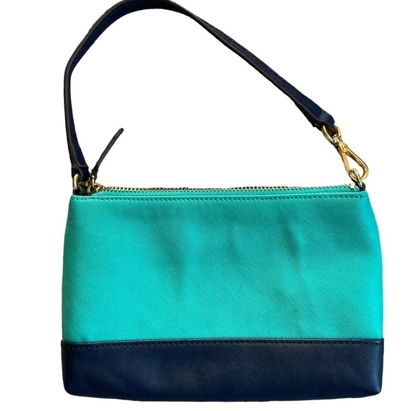 Banana Republic Colorblock Wristlet Aqua/Navy Golden Hardware Faux Leather 5” - Picture 3 of 12